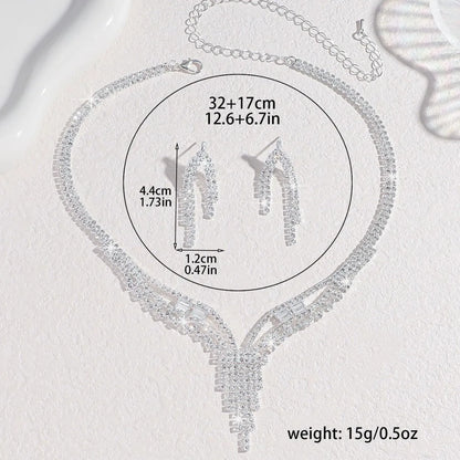 Ladies' Fashionable Silver-Plated And Diamond-Encrusted Metal Necklace, Earrings Set, Bride'S Wedding Attire And Accessories