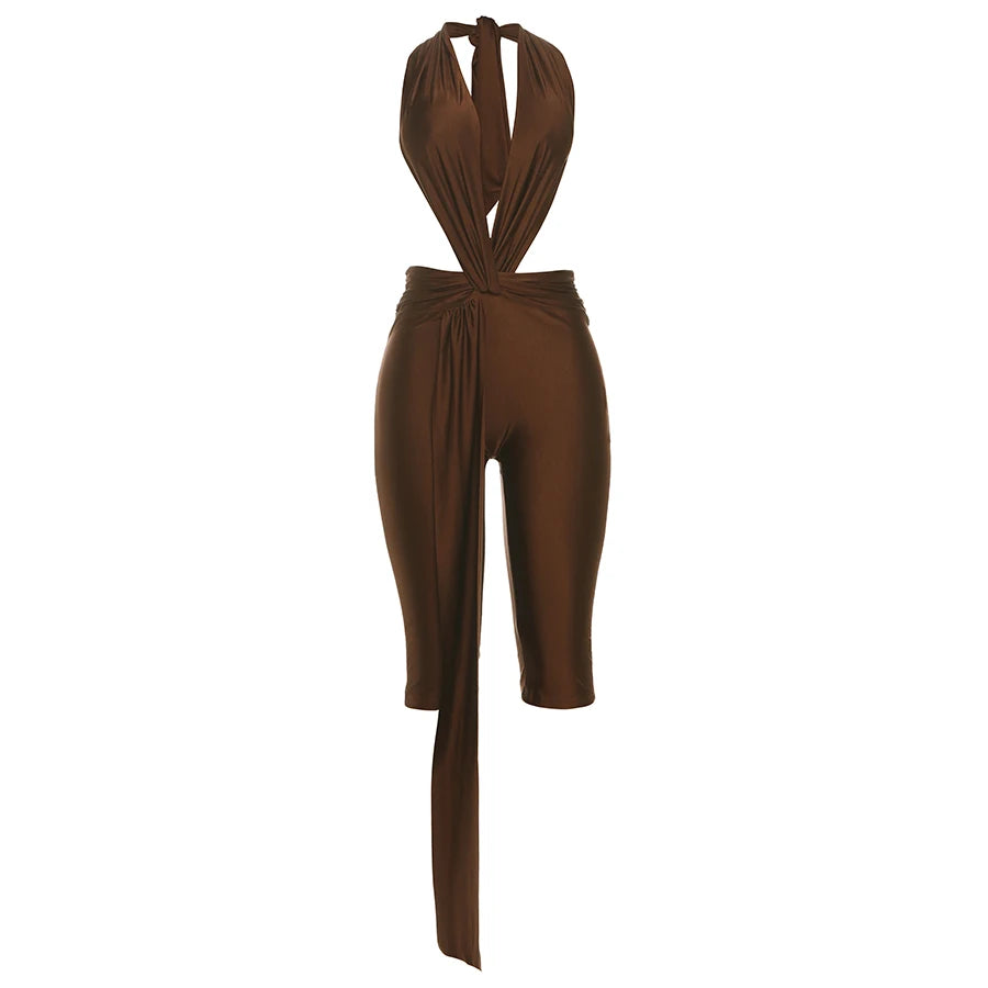 Weird Puss Patchwork Halter Romper Women Ribbon Sleeveless Elastic Backless Workout Activewear Midnight Activity Slim Playsuits