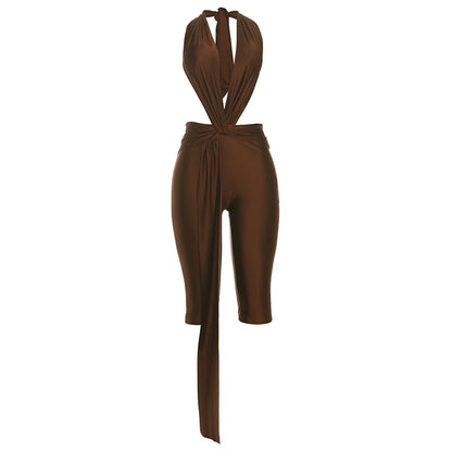 Weird Puss Patchwork Halter Romper Women Ribbon Sleeveless Elastic Backless Workout Activewear Midnight Activity Slim Playsuits