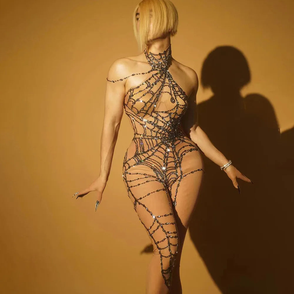 Sexy Full Diamond Long Sleeved Jumpsuit Ballroom Pole Dancer Performance Outfit Fashionable Club Suit Women's Photography