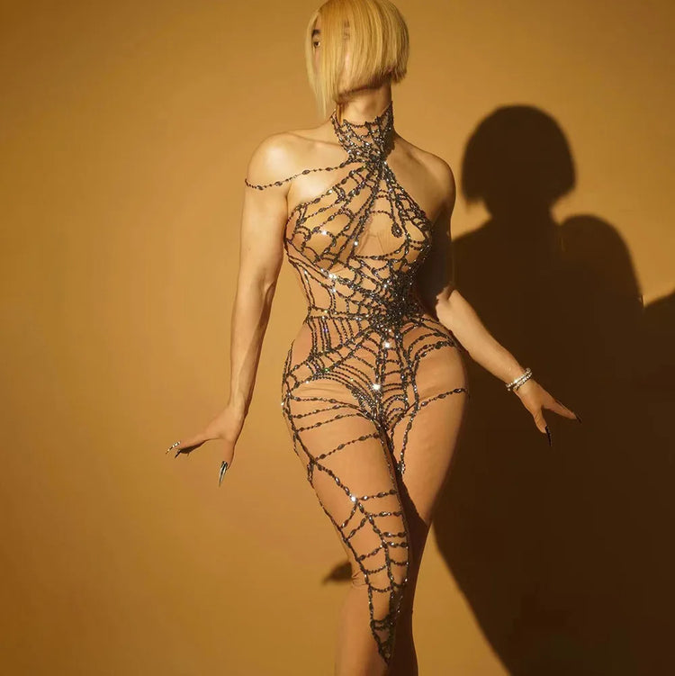 Sexy Full Diamond Long Sleeved Jumpsuit Ballroom Pole Dancer Performance Outfit Fashionable Club Suit Women's Photography