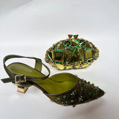 Insightlink Luxury Olive Green Rhinestone High Heel Shoes & Matching Clutch Bag Set – Elegant Pointed Toe Block Heel Sandals