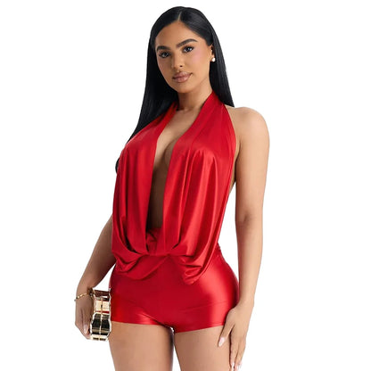 Chic Monokini with Pure Color, Over-the-Shoulder Draped Back Tie-Up Shorts