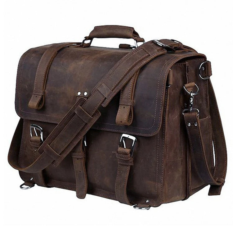 Vintage Crazy Horse Genuine Leather Men Briefcase Business Bag Large Leather Briefcase Male 15.6"Laptop Case Shoulder Bag office