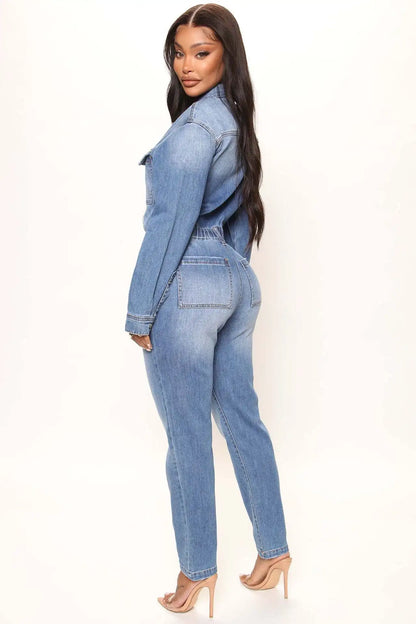 Women Autumn Turn Down Collar Loose One Piece Full Sleeve Tight High Waist Overalls Slim Denim Jumpsuits Long Pants Rompers