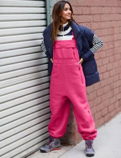 Women Fleece Warm Overalls Loose Casual Jumpsuits One-Piece Bibs Adjustable Suspender Straps Winter Fuzzy Soft Comfy Ski Pants