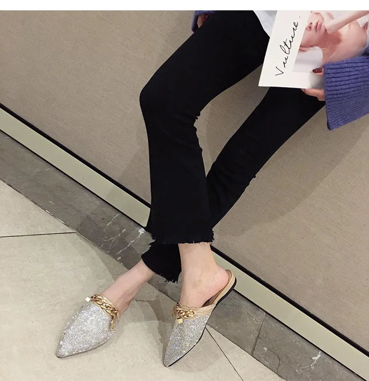 2025 New Summer Shoes for Women Luxury Slipper Girl Bling Crystal Chain Casual Flat Sandals Girl Pointed Toe Slides