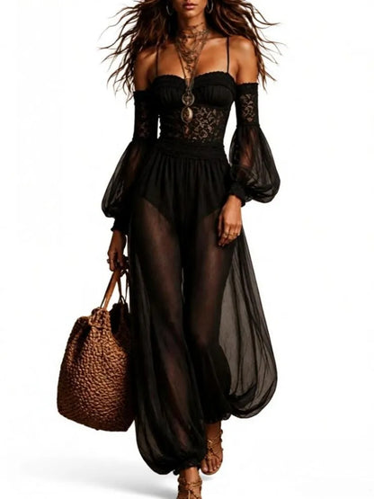 Solid Women Lace Jumpsuits For Summer Autumn Long Sleeve Slash Neck Loose Fashion Streetwear Overalls Pants Trousers 2026