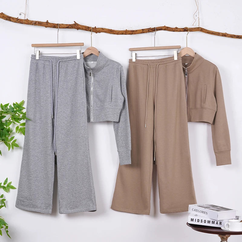 Streetwear Cool Cropped Zip Up Sweatshirt Two-Piece Set for Women Sport Tops with Elastic Waist Drawstring Wide-Leg Pants Suit