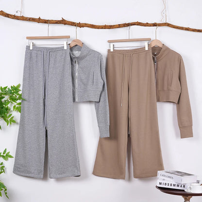 Streetwear Cool Cropped Zip Up Sweatshirt Two-Piece Set for Women Sport Tops with Elastic Waist Drawstring Wide-Leg Pants Suit