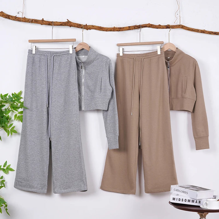 Streetwear Cool Cropped Zip Up Sweatshirt Two-Piece Set for Women Sport Tops with Elastic Waist Drawstring Wide-Leg Pants Suit