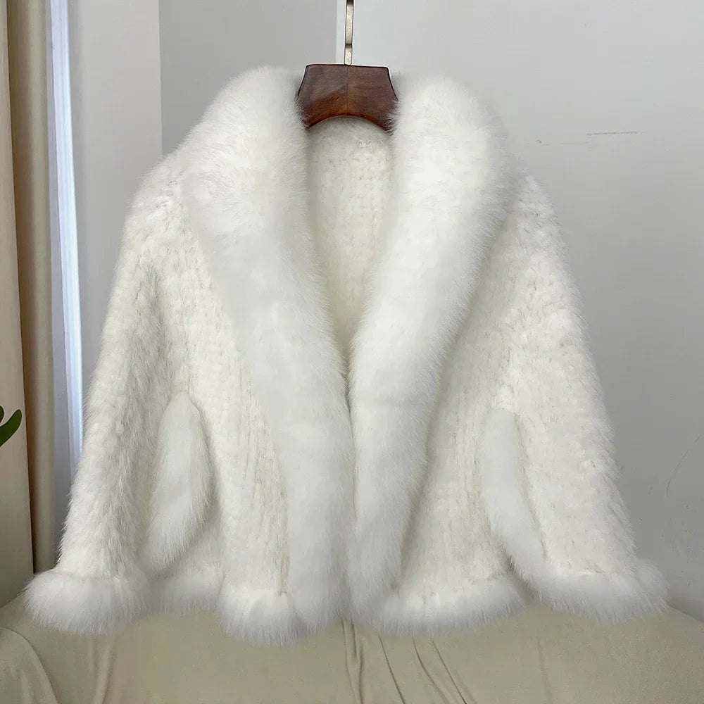 Real Mink Fur coat Women Autumn Winter Shawl Fashion Knitted Genuine Mink Fur jacket Cape Scarf Natural Fox Fur Collar Cloak