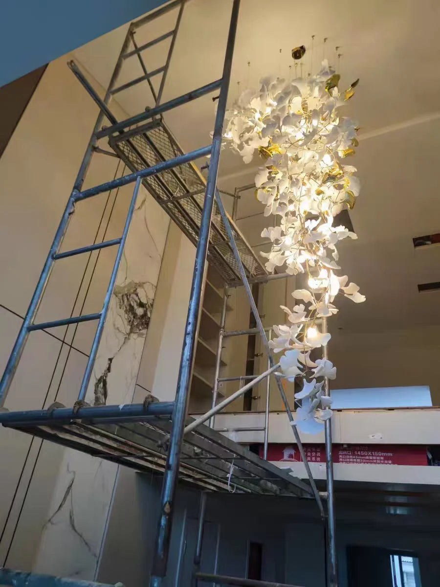 Staircase Ginko Leaf Chandelier Light For High Ceiling Staircase Loft Living Room Hotel Lobby Stairway Luxury Branch Chandeliers