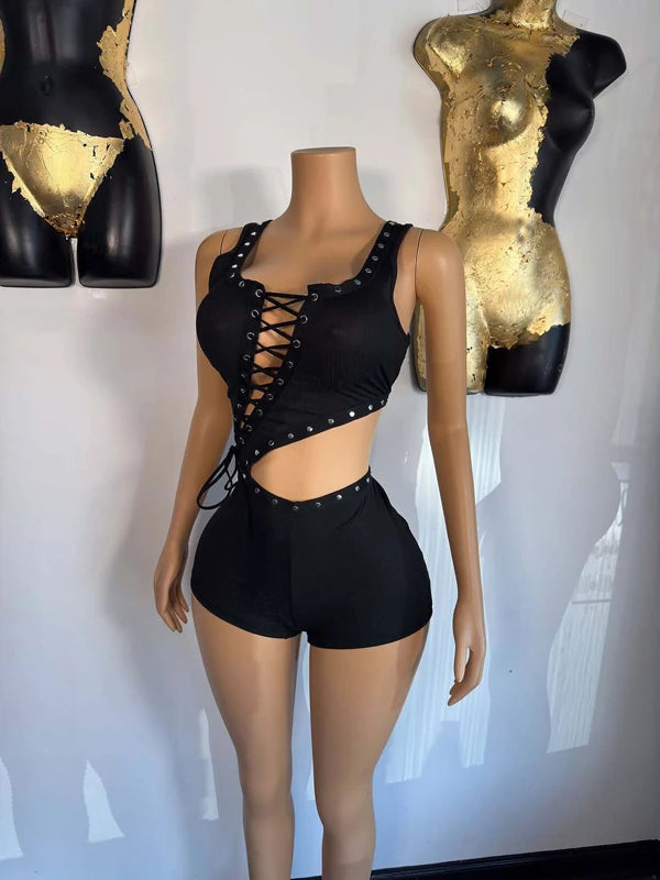Y2k Sexy Rompers Women Outfit Hollow Out Laced Up Sleeveless Tight Bodycon Romper Ribbed One Piece Shorts Jumpsuit Playsuit