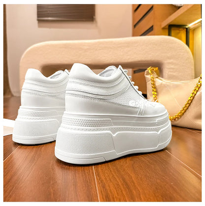 10-14cm Chunky Sneakers Women Platform Shoes Elevator Shoe White Mesh Breathable Sneakers Real Leather Increasing Shoes