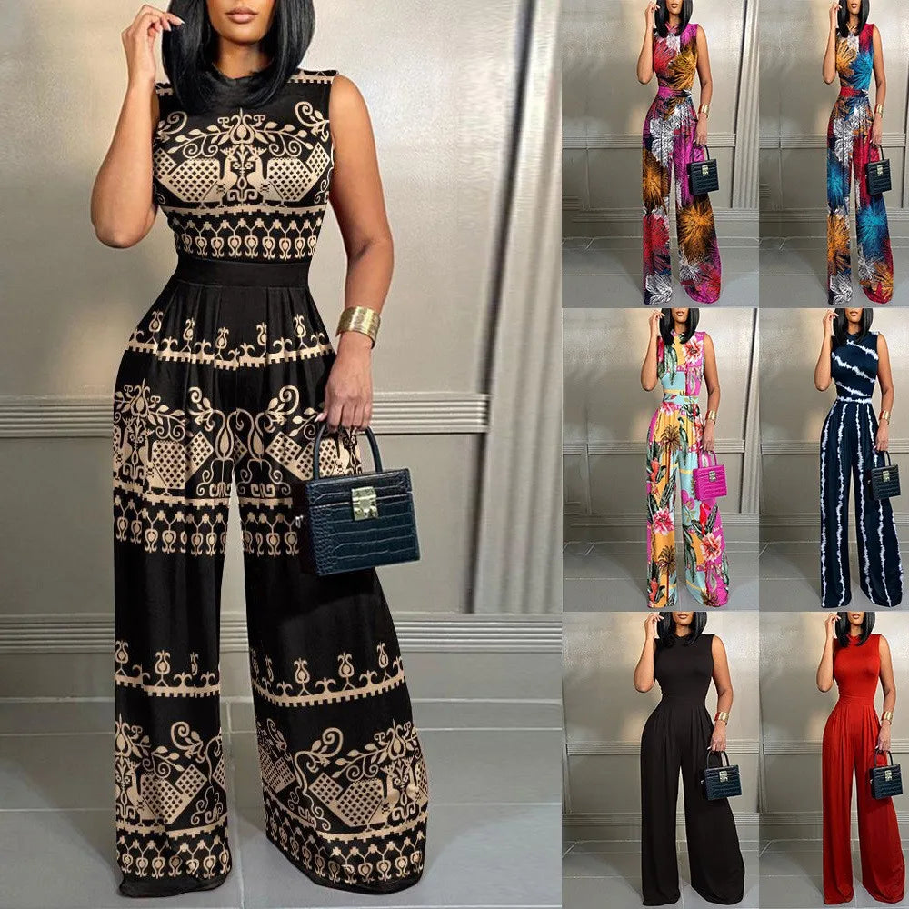 Casual Jumpsuit For Woman Sleeveless Jumpsuits Ethnic Print Mid Waist Romper Wide Leg Pants Long Jumpsuit & Women Clothes