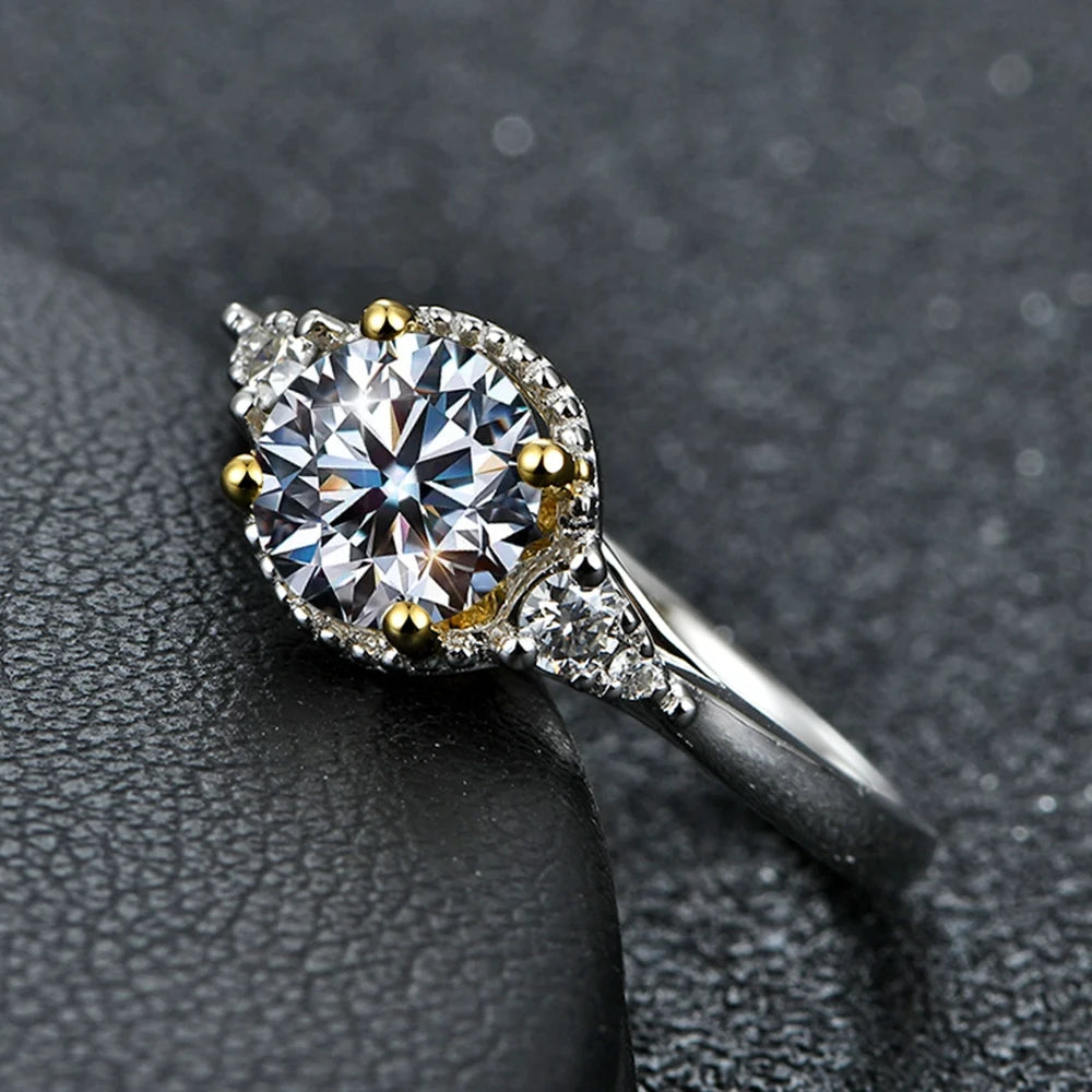 ATTAGEMS 1.0ct Round Engagement Ring 18K Yellow Gold Plated 925 Sterling Silver Diamond Moissanite Rings For Women Fine Jewelry
