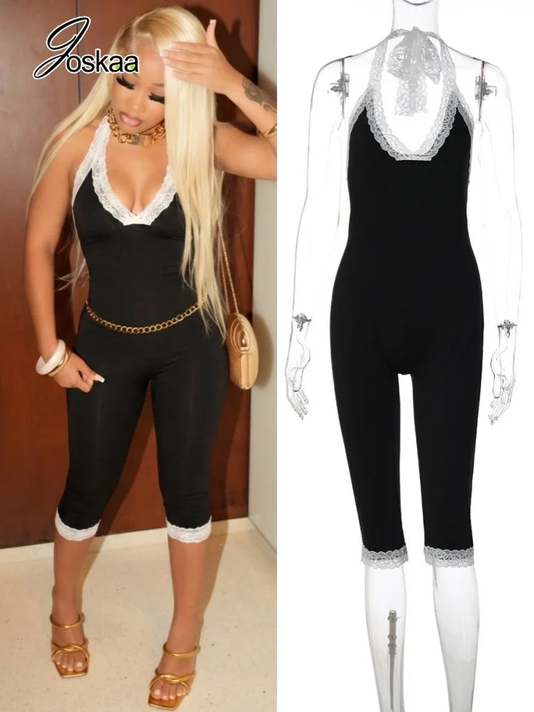 Joskaa Black Lace Trim Halter Capri Jumpsuits Women Sexy V-Neck Backless Sleeveless Bodycon Knee Length Rompers Y2K Streetwear