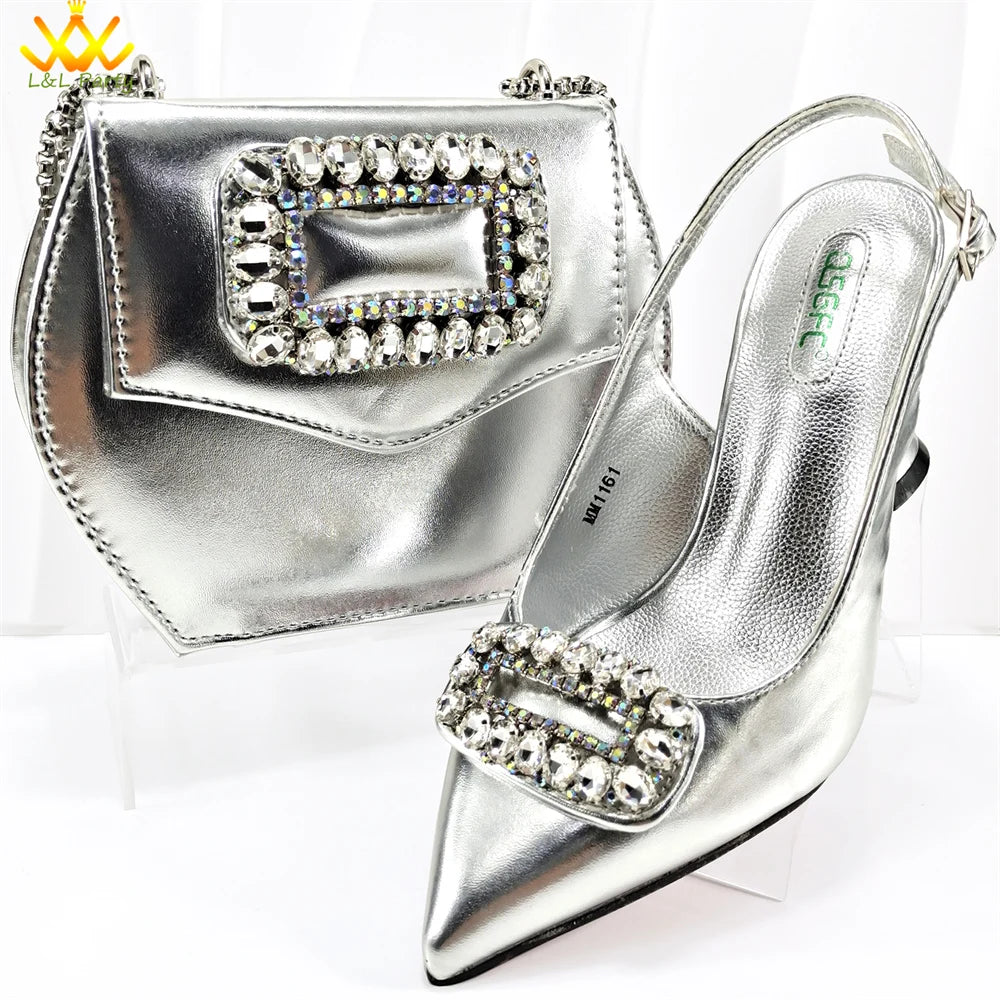2024 Latest Nigerian Design Italian Women's Comfortable Heels Pointed Toe Sandals Wedding Party Gold Color Shoes and Bags Set