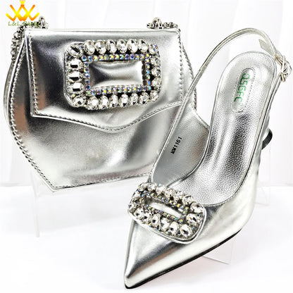 2024 Latest Nigerian Design Italian Women's Comfortable Heels Pointed Toe Sandals Wedding Party Gold Color Shoes and Bags Set