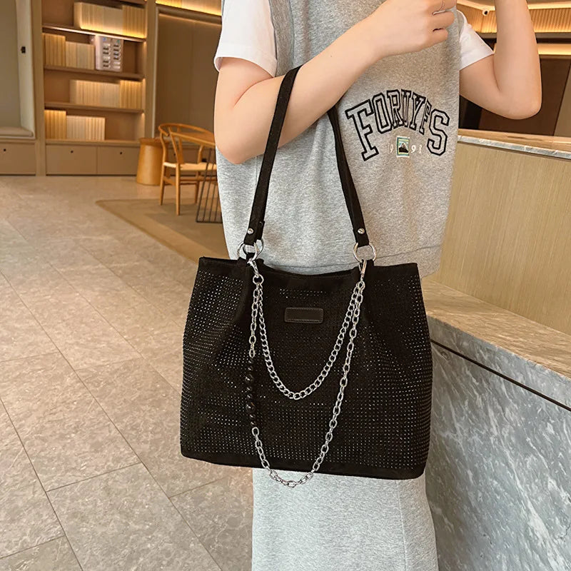 2024 Fashion Women Bling Diamonds Handbag Large Capacity PU Leather Big Totes Designer Female Chain Shoulder Bags Shopping Bags