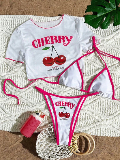 Cute Halter Bikini 3 Pieces Cherry Print 2026 Sexy & Fresh Feeling Bathing Suit Three-Piece Swimsuit Dark Blue Beach Swimwear