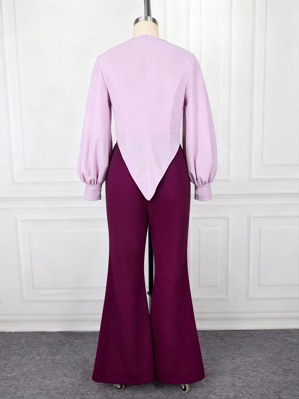 Fashion Color Block Two Piece Set Women Long Lantern Sleeve Asymmetrical Top Wide Leg Pants Suit Elegant Party Causal Outfit