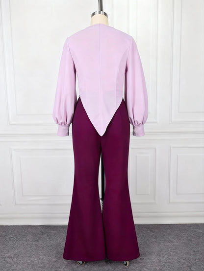 Fashion Color Block Two Piece Set Women Long Lantern Sleeve Asymmetrical Top Wide Leg Pants Suit Elegant Party Causal Outfit