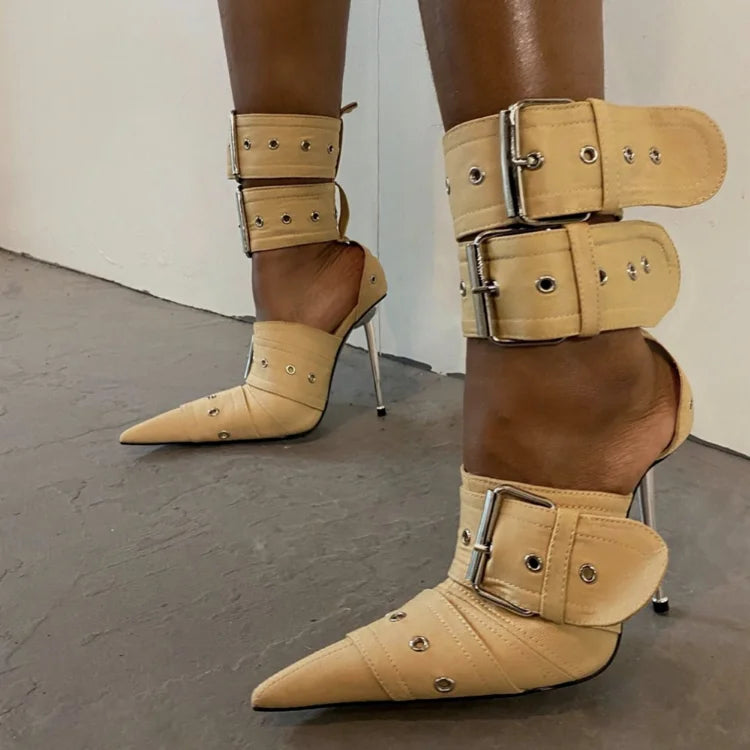 New Women Denim Metal Rivet Buckle Sandals Women Sexy Punk Style Pointed Hollow Metal 11cm High Heel Knee High Boots Size34-43