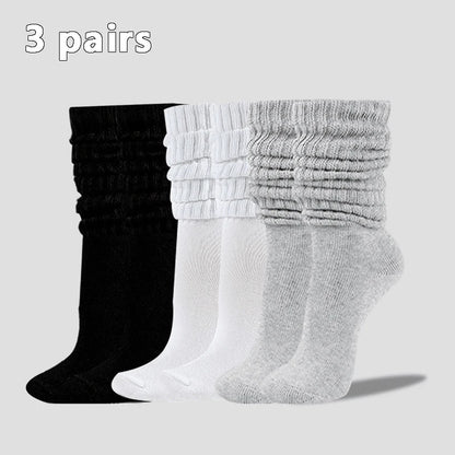 3 Pairs Women Pile Up Socks Fashionable Trendy Versatile White Solid Color Basic Socks Comfortable Breathable Mid Length Socks