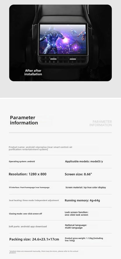 Model 3/Y 8.66 Inch Rear Display Screen for Tesla Model 3 2017-2023 Model Y 2019-2024 4G+64G Rear Entertainment Display Support