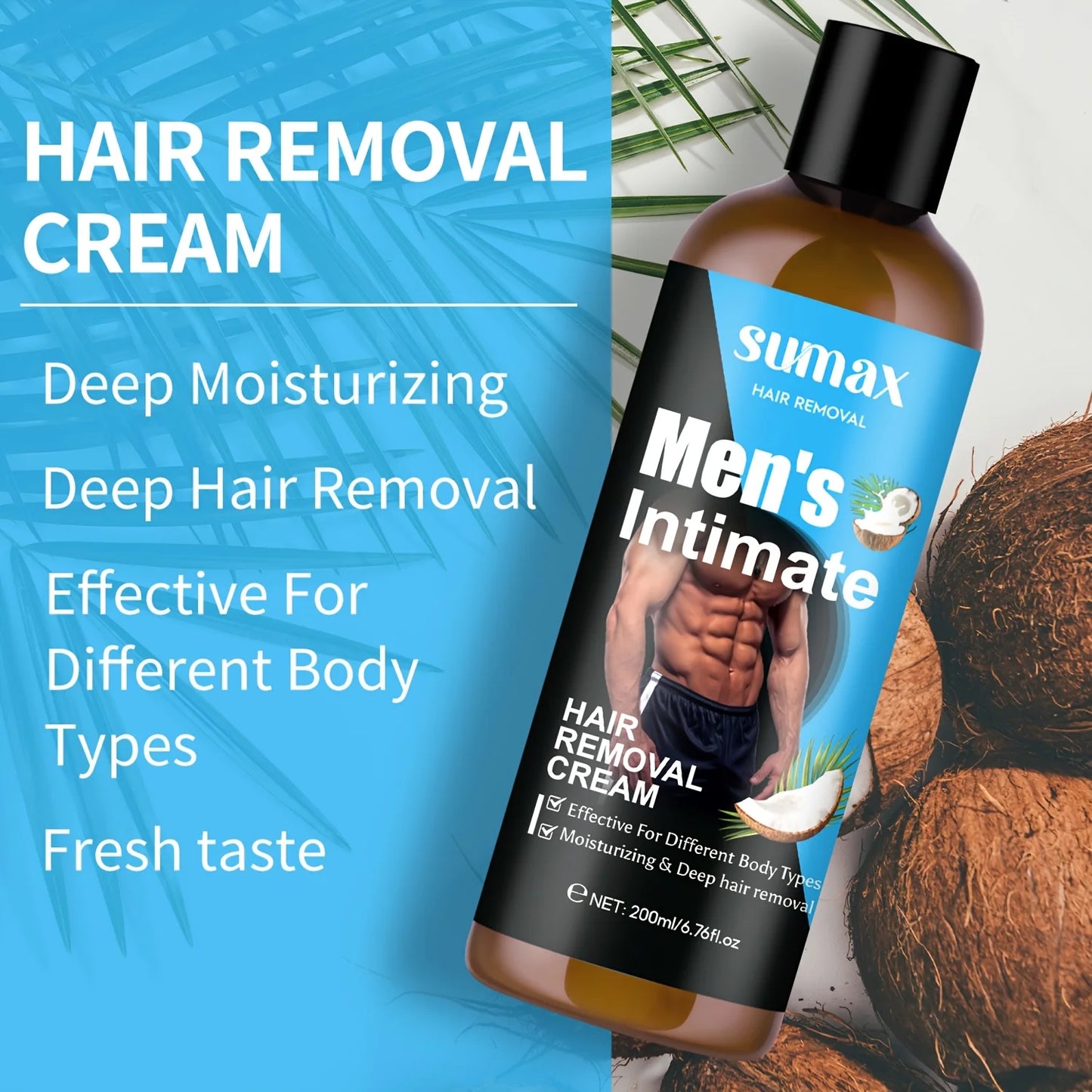Coconut Oil Men's Private Hair Removal Cream, Suitable for Chest, Underarm, Belly, Legs, Deep Moisturizing, Smooth Skin, 200ml