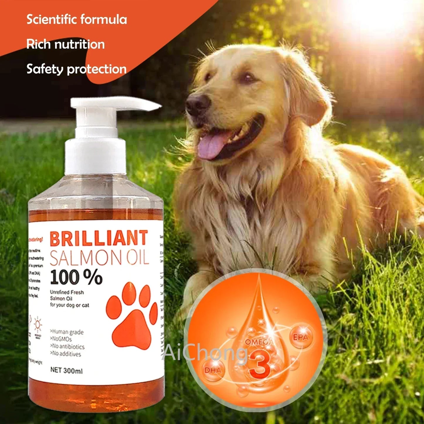 Human-Grade Salmon Oil (500ml, 300ml, 200ml 100ml) for Dogs & Cats Omega 3 Fatty Acids Supplement for Optimal Health & Nutrition