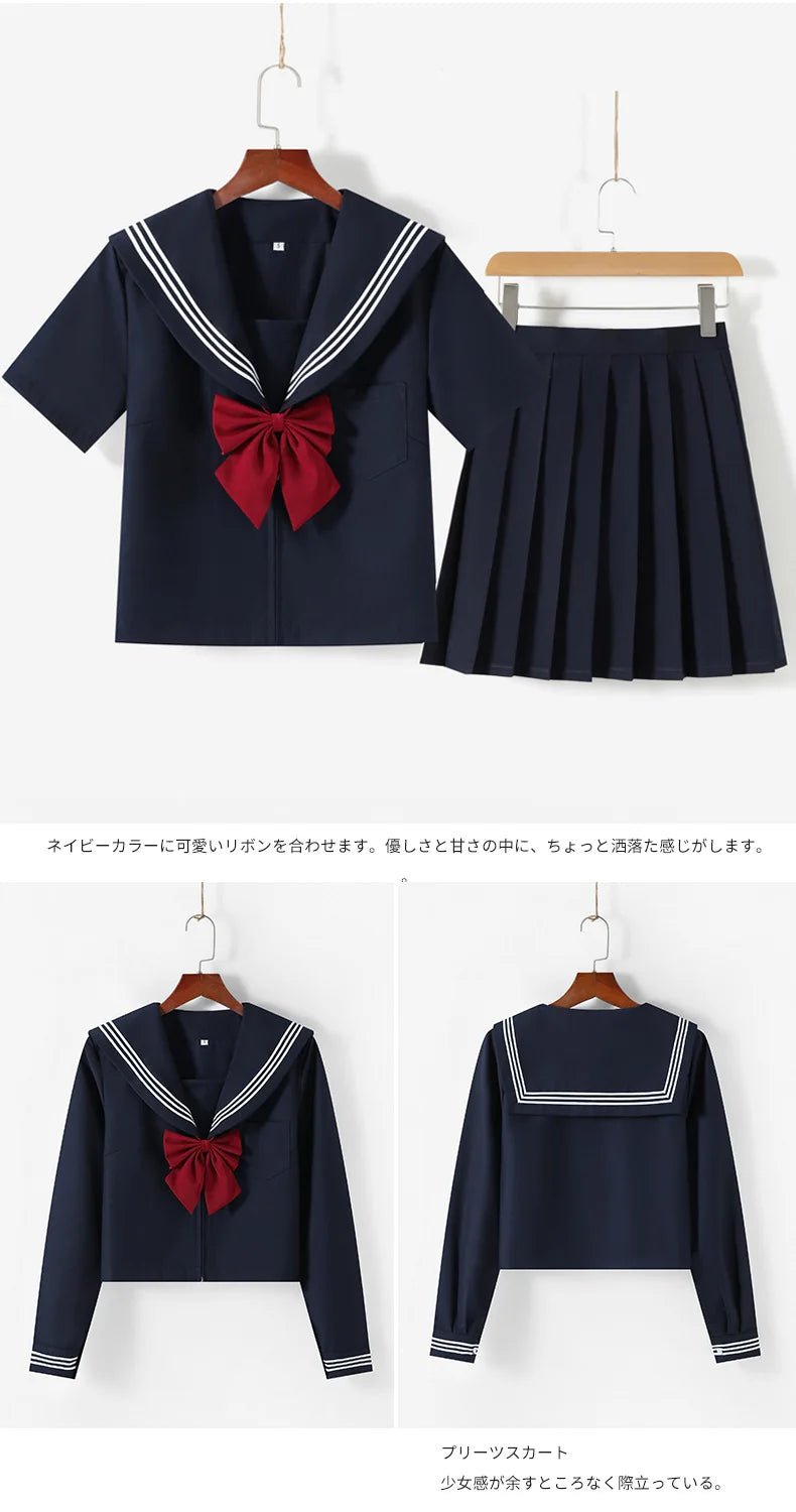 Navy Blue JK Uniform, Red Tie Three Basic Sailor, Short/long Sleeve Japanese School Uniforms For Girls Pleated Skirt JK Sets