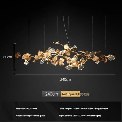 Luxury Copper Branch Chandelier Dining Table Retro Restaurant Light with Leaf Crystal Pendant Lamp Living Room Bar Kitchen Vila