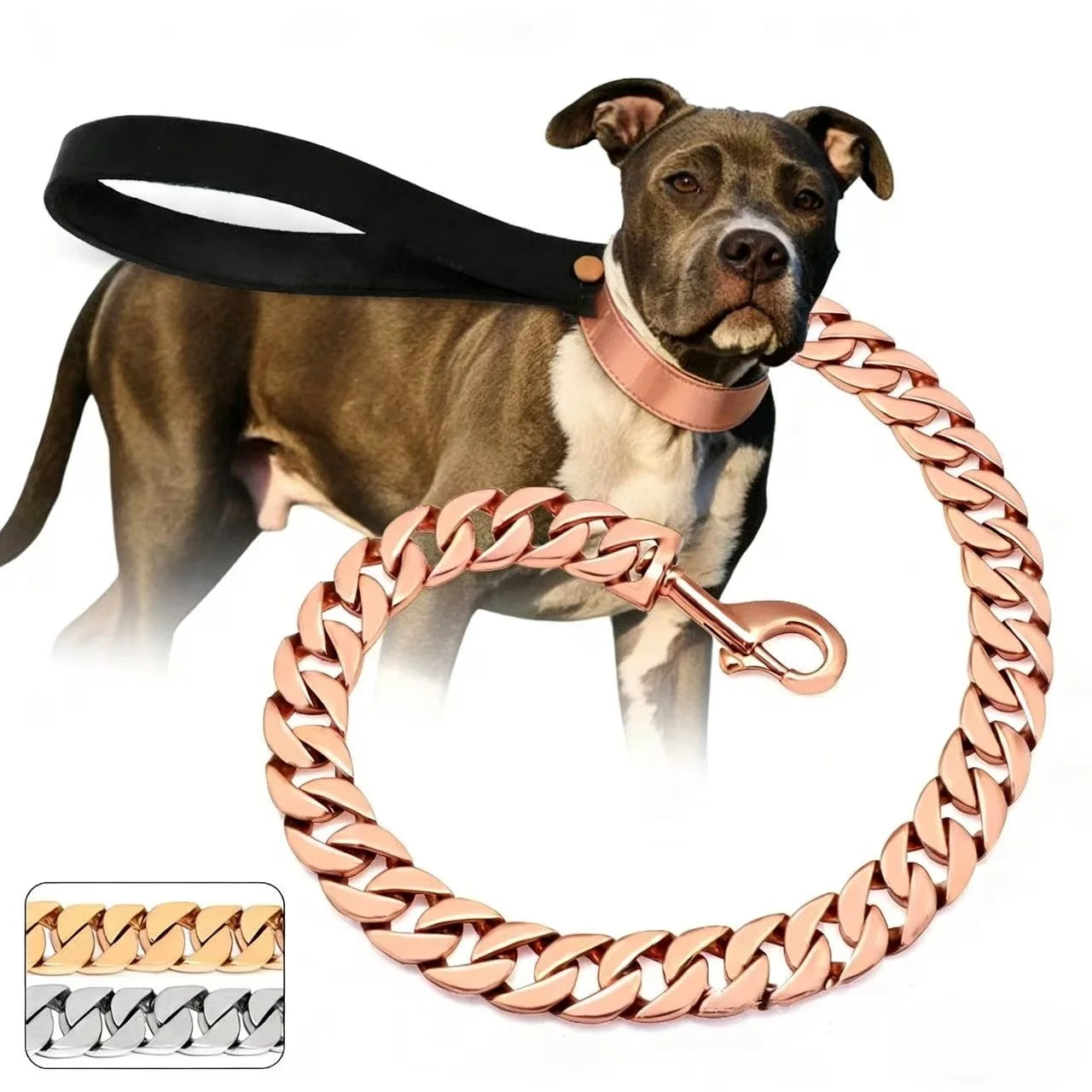 Traction Solid Super Strong Gold Collar Stainles Steel Dog Leash Pet Lead Chain 32mm 19mm Bulldog Pitbull Large Dog Collar Leash