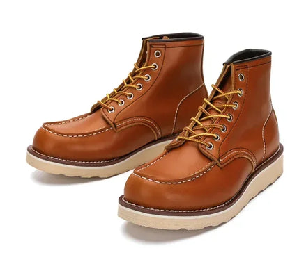 Men's Goodyear-Welted Vintage Genuine Leather Mid-calf Motorcycle Boots Round toe Casual Punk Dress Boots Work Shoes Western Red