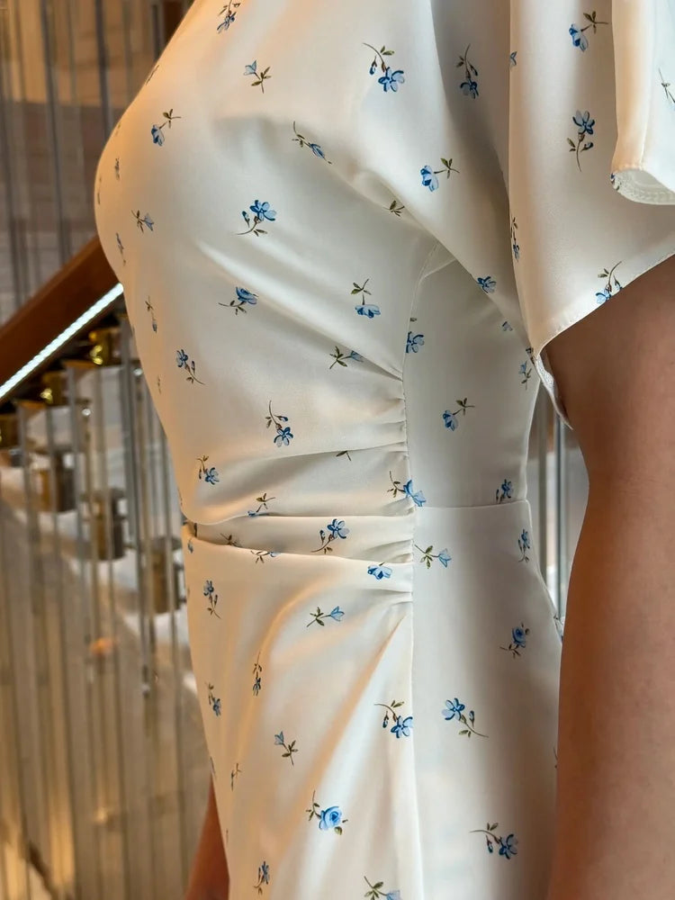 Tossy Floral Print Midi Dress Ruched Dress Round Neck Short Sleeve Fitted Waist Small Flower Print Bodycon Party Clubwear Dress