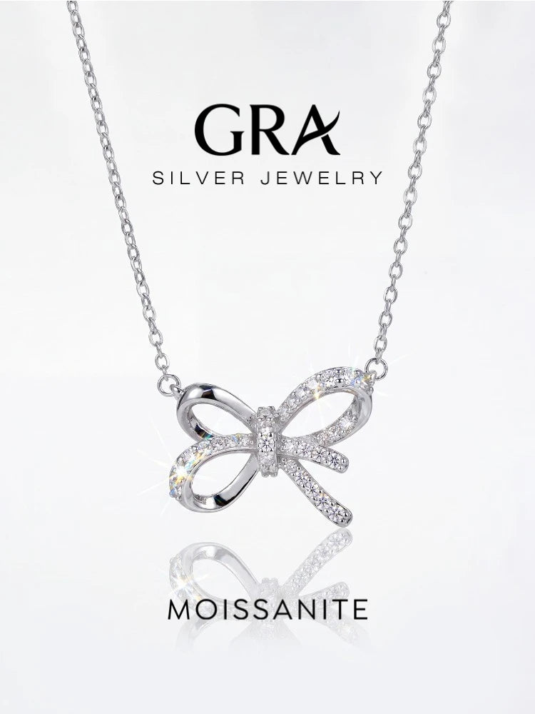 GRA Real Moissanite Diamond Exquisite Beautiful Bowknot Necklace for Women's Anniversary Party 925 Sterling Silver Fine Jewelry