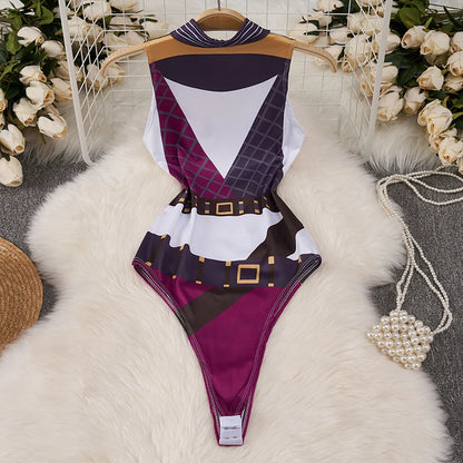 Cartoon Print High Neck Jumpsuit Hollow Sleeveless Slim Bodysuit Hero Cosplay Uniform Cute Sweet Women's Pajamas Rompers Catsuit