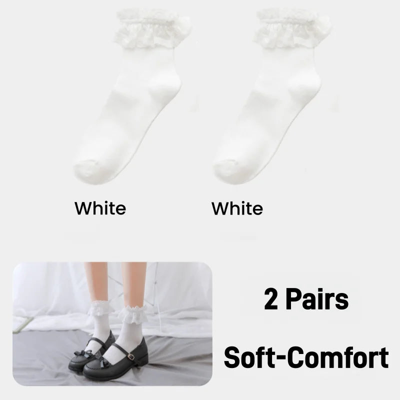 Women's Japanese Lolita JK Ankle Socks Kawaii Cotton with Lace Trim - Cute White/Black Crew Socks for Girls Cosplay Casual Wear