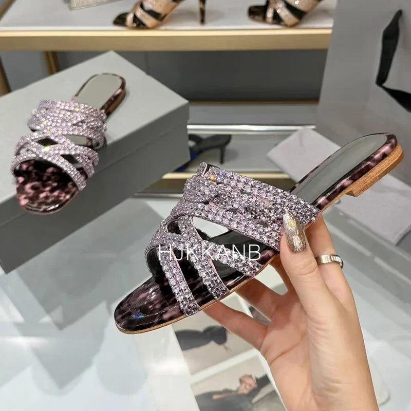 Summer New Luxury Rhinestone Decor Flat Slippers Women's Open Toe Hollow Out Casual Sandals Outdoor Vacation Beach Shoes 2024