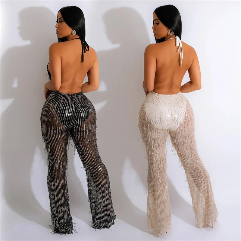 Sexy Glitter Tassel Sequin Rompers Womens Jumpsuit Nightclub Party Halter Backless Overalls Mesh Sheer Patchwork Wide Leg Romper