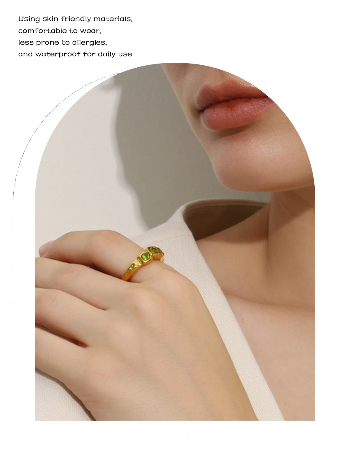 E.B.belle New Vintage Style Three Green Zircon Ring PVD Plated 316L Stainless Steel Simple Women Statement Finger Chic Jewelry