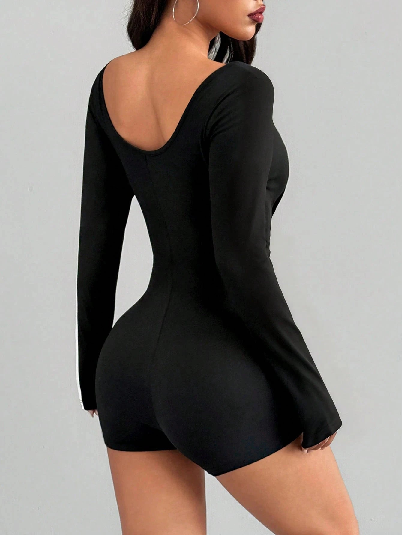 Women's Spring/Summer Solid Color Sexy Slim-Fit U-Neck Long Sleeve 1pc Backless Jumpsuit