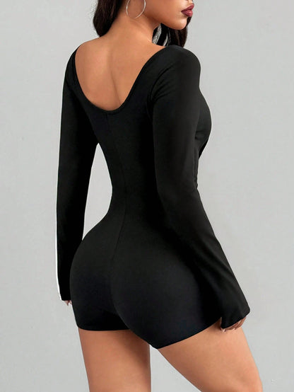 Women's Spring/Summer Solid Color Sexy Slim-Fit U-Neck Long Sleeve 1pc Backless Jumpsuit