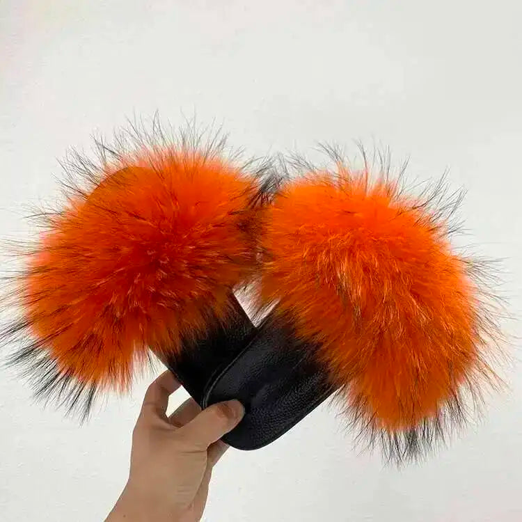 Real Raccoon Fur Slippers For Women 2026 Summer Fluffy Indoor House Fuzzy Flat Slides Outdoor Fashion Beach Sandals Flip Flops
