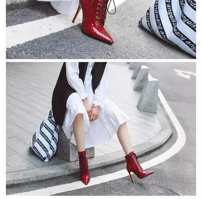 12CM Stiletto Heels Botas Mujer Fashion Pointed Lace-up Ankle Boots Roman Ladies Shoes Autumn Winter Women Emboss Short Booties