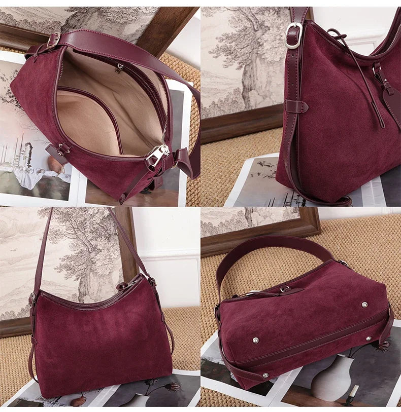 Winter Women's Natural Suede Leather Classic Underarm Bag Female Soft Cowhide Durable Handbags Ladies Luxury Designer Bags