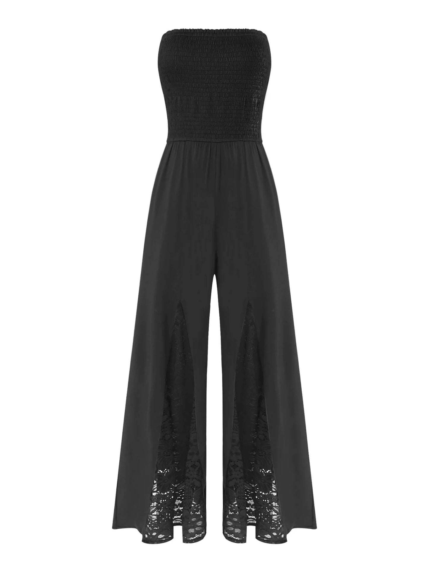 Women Strapless Jumpsuit Bandeau Elastic Bodice Sheer Floral Lace Patchwork Wide Leg Romper for Beach Vacation Party